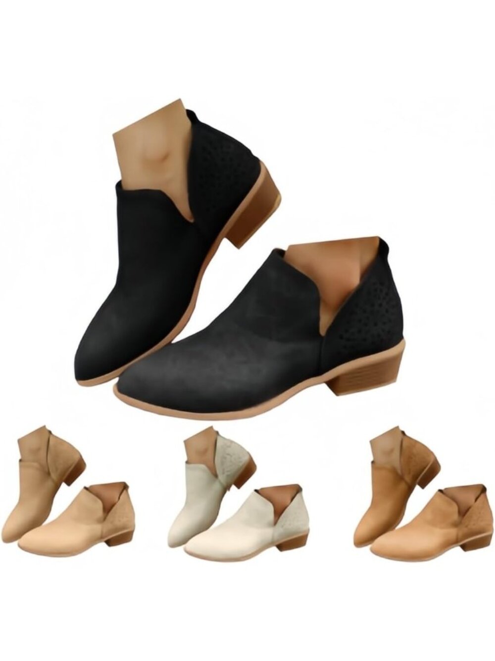 Women Suede Ankle Cowboy Boots Pointed Toe Low Block Heel Western Booties-Black